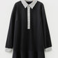 Black Plus Size Striped Cuffs Polo Collar Patchwork Long Sleeve Ruffle Hem Dress