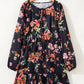 Black Plus Size Floral Print Tie Neck Cinched Waist Long Sleeve Mini Dress