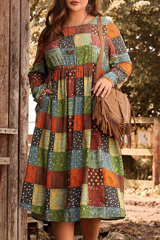 Green Printed Multicolor Western Checkered Plus Size Swing Dress