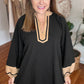 Black Plus Size Color Block Striped Trim V Neck Long Sleeve Shift Mini Dress