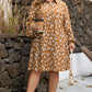 Khaki Plus Size Daisy Floral Print Button Split Neck Puff Sleeve Dress