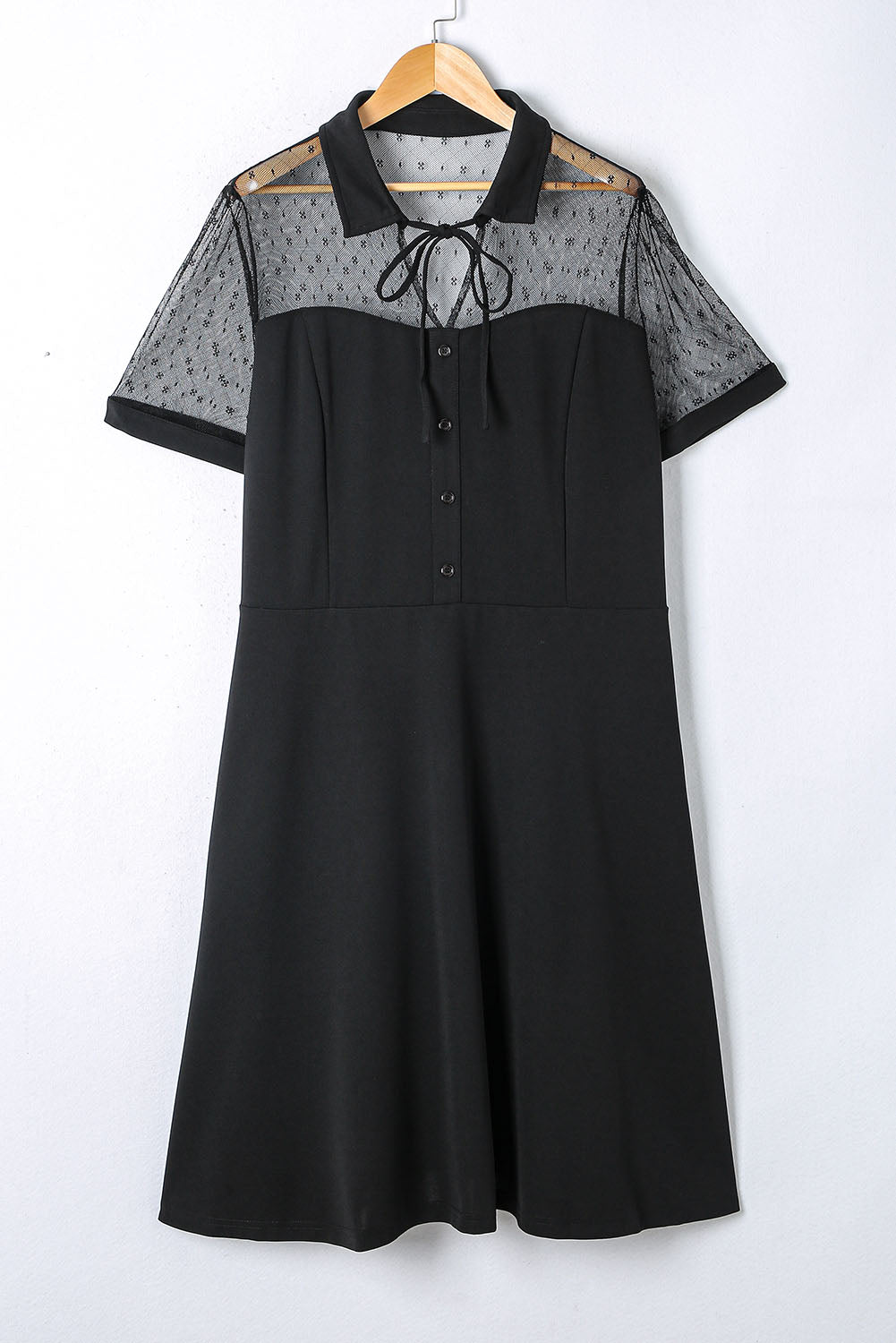 Black Plus Size Collared Mesh Yoke Fit Flare Dress