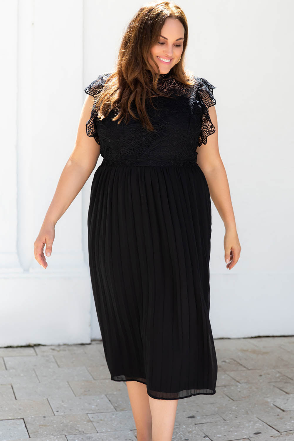 Black Plus Size Lace Bodice High Neck Flowy Pleated Dress