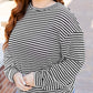 Black Stripe Drop Shoulder Puff Long Sleeve O Neck Plus Size T Shirt