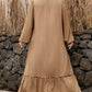 Chestnut Smocked V Neckline Leopard Piping Accent Bracelet Plus Size Long Dress