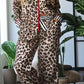 Khaki Plus Leopard Print Contrast Piping Striped Patchwork 2pcs Long Pajama Set