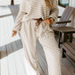 Khaki Stripe Plus Size Collared V Neck Loose Pullover Drawstring Elastic Waist Wide Leg Pant Set