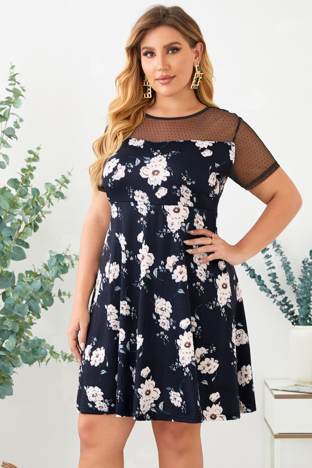 Blue Plus size Floral Print Polka Dots Mesh Patch Mini Dress