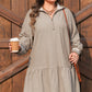 Khaki Stripe Zip up Collared Puff Sleeve Ruffled Plus Size Mini Dress