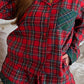 Red Plus Size Plaid Contrast Patchwork Long Sleeve Shirt and Shorts 2pcs Pajama Set