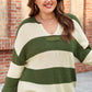 Green Stripe Colorblock Notched Neck Plus Size Sweater