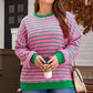 Pink Stripe Waffle Knit Crew Neck Plus Size Sweatshirt