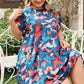 Blue Abstract Print Shirred Ruffled Short Sleeve Tiered Plus Size Mini Dress
