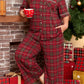Red Plus Size Plaid Short Sleeve Shirt Loose Pants 2pcs Pajama Set