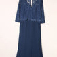 Blue Lace Scalloped V Neck 3/4 Sleeves Pleated Tulle Plus Maxi Dress