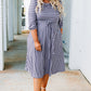 Gray Striped Tie Waist 3/4 Sleeve Plus Size Dress