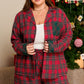 Red Plus Size Plaid Contrast Patchwork Long Sleeve Shirt and Shorts 2pcs Pajama Set