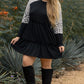 Black Plus Size Striped Leopard Patch Sleeve Ruffle Tiered Dress