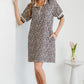 Khaki Leopard Print Zip Neck Striped Webbing Patchwork T Shirt Mini Dress