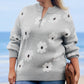 Gray Plus Size Embroidered Floral Pattern Half Zip Sweater