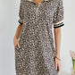 Khaki Leopard Print Zip Neck Striped Webbing Patchwork T Shirt Mini Dress