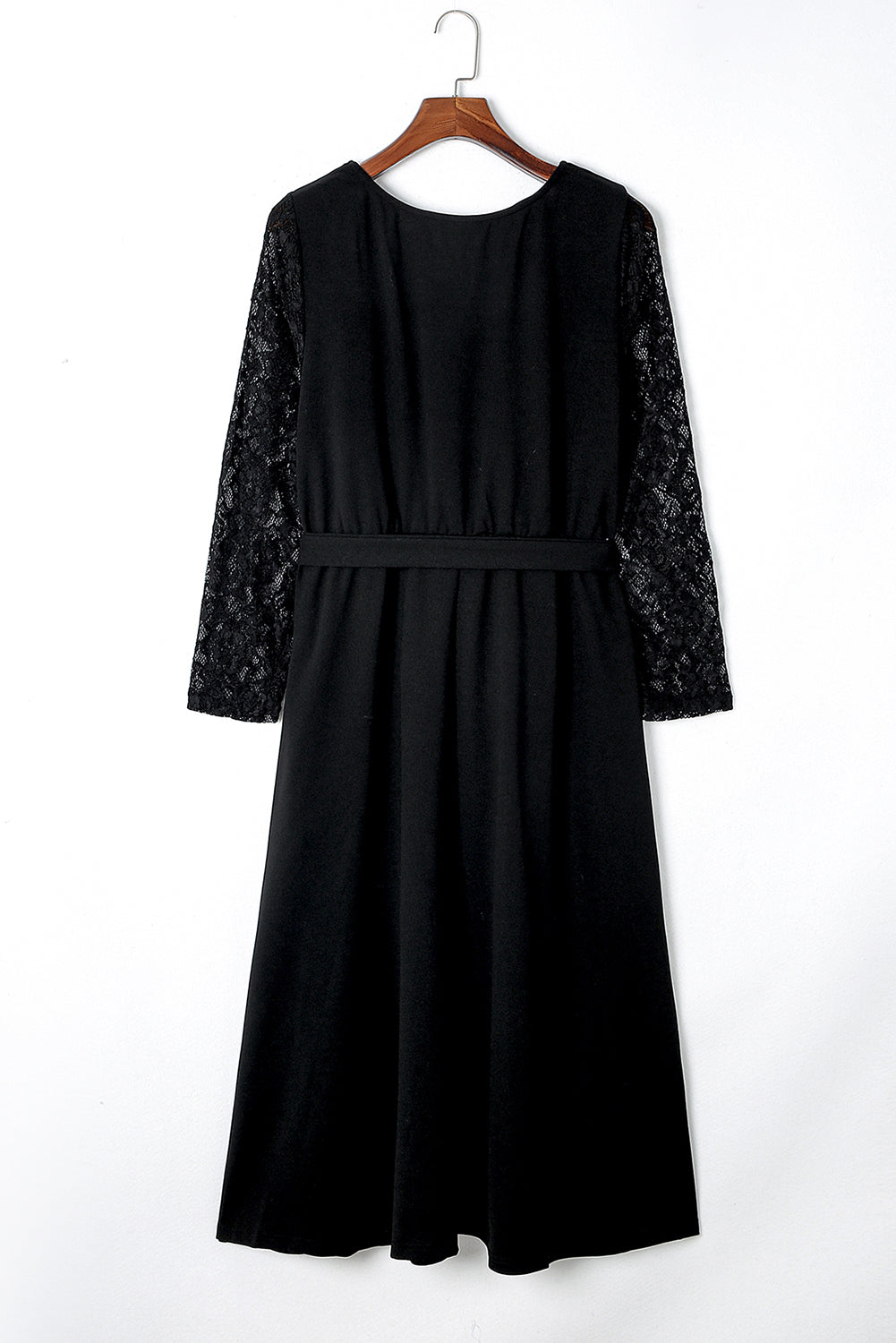 Black Plus Size Sheer Lace Sleeve Belted Ruffle Midi Dress