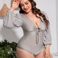 Plus Size Tied Deep V Balloon Sleeve One-Piece Swimsuit