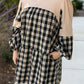 Black Plaid Waffle Knit Patchwork Collared V Neck Plus Size Mini Dress