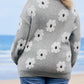 Gray Plus Size Embroidered Floral Pattern Half Zip Sweater