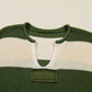 Green Stripe Colorblock Notched Neck Plus Size Sweater