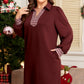 Coffee Contrast Plaid Trim Patchwork Collared Plus Size Shift Mini Dress