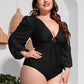 Plus Size Tied Deep V Balloon Sleeve One-Piece Swimsuit