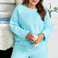 Aruba Blue Plus Size Solid Color Splicing Raw Hem Pullover Top Shorts Set