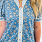 Blue Plus Size Floral Print Striped Patchwork Detail Button Front Ruffle Hem Dress
