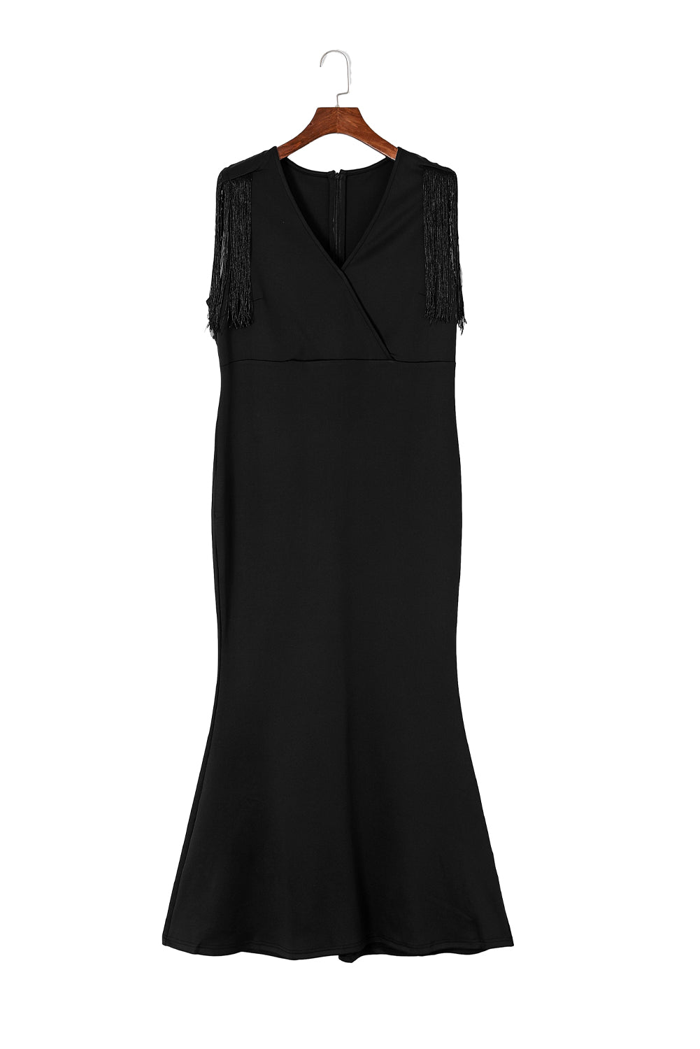 Black Plus Size Surplice V Neck Fringe Formal Maxi Dress