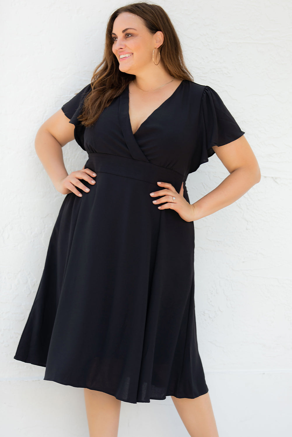 Black Plus Size Flutter Sleeve V Neck Midi Dress