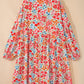 Pink Plus Size Button V Neck Leopard Print Puff Sleeve Loose Mini Dress