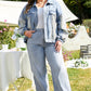 Beau Blue Leopard Patchwork Flap Detail Plus Size Denim Jacket