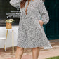 Khaki Plus Size Button V Neck Leopard Print Puff Sleeve Loose Mini Dress