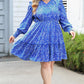 Blue Plus Size Spotted Print Split Neck Ruffle Mini Dress