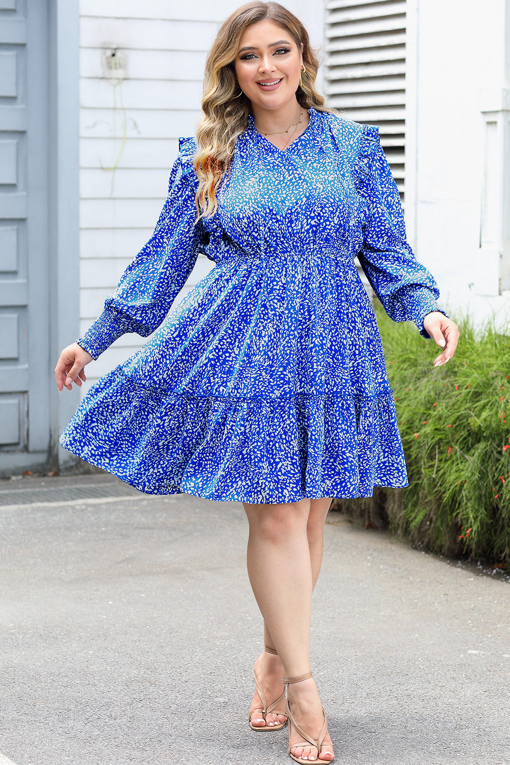 Blue Plus Size Spotted Print Split Neck Ruffle Mini Dress