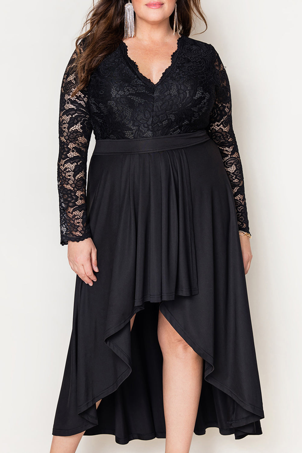 Black Plus Size High-Low Lace Contrast Evening Dress