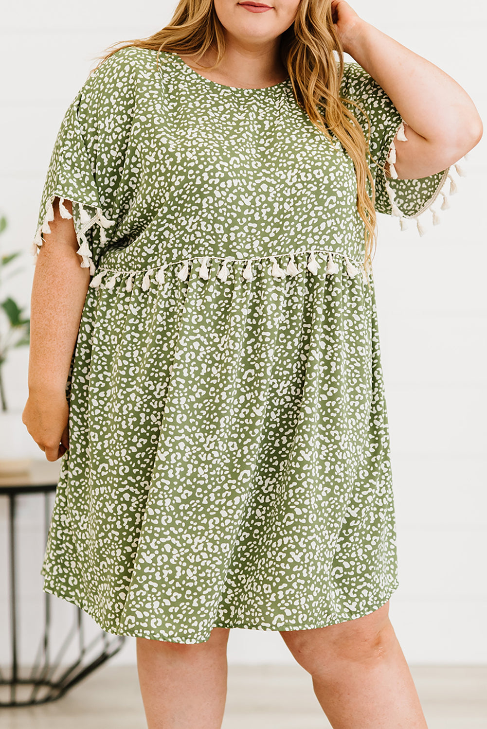 Green Plus size Leopard Tassel Dress