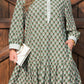 Green Contrast Striped Frilled Collar 3/4 Sleeve Plus Size Floral Dress