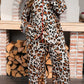 Khaki Plus Leopard Print Contrast Piping Striped Patchwork 2pcs Long Pajama Set