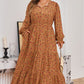 Brown Plus Size Floral Split V Neck Ruffled Sleeve Tiered Maxi Dress