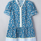 Blue Plus Size Floral Print Striped Patchwork Detail Button Front Ruffle Hem Dress