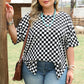 Black Checkered Print Side Slits O Neck Plus Size T Shirt