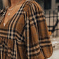 Brown Printed Plaid V Neck Plus Size Babydoll Dress