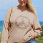 Pale Khaki Floral Peace Sign Graphic Washed Terry Plus Size Sweatshirt